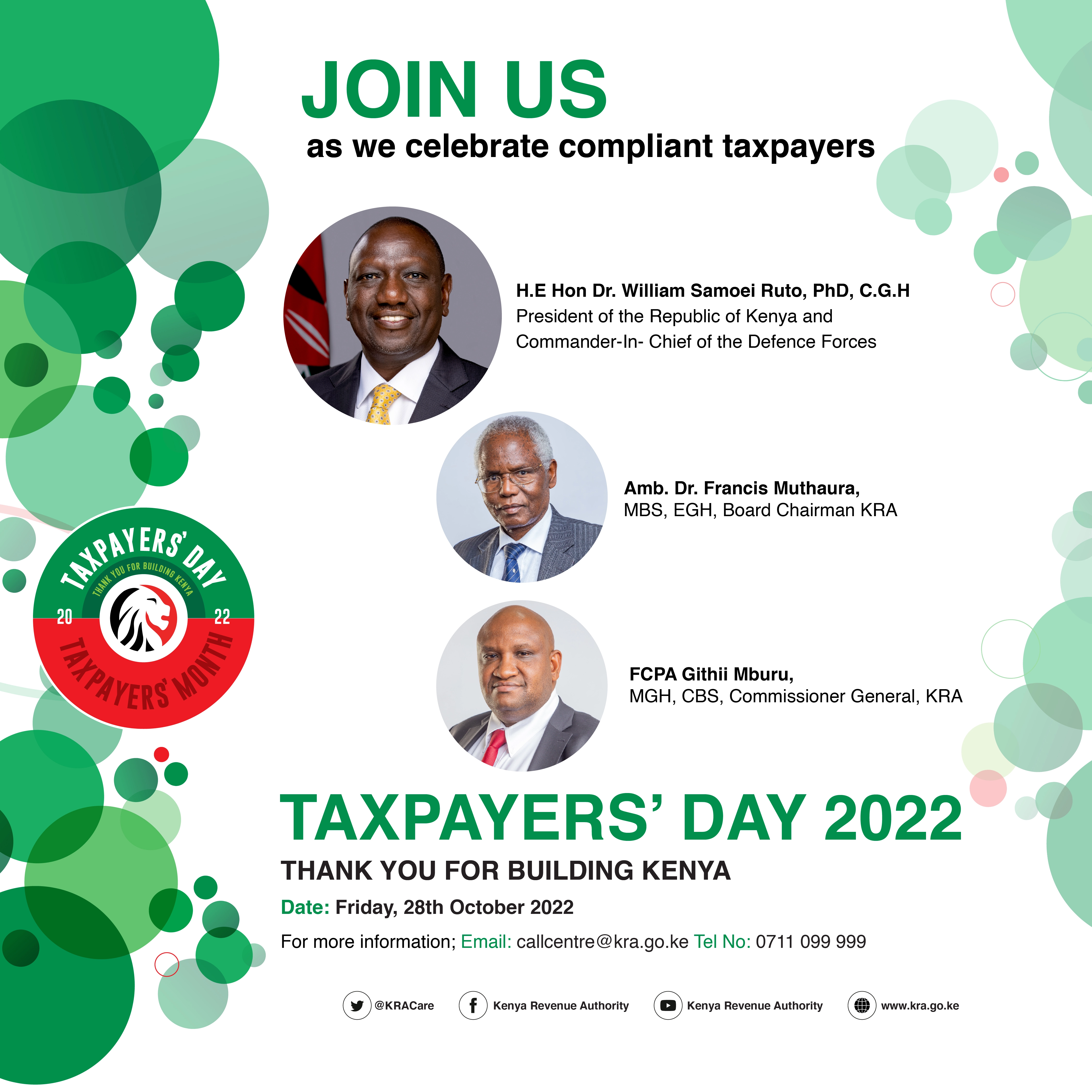 A banner with an invite message for the kenyan public to the 2022 taxpayers day event. The event will be graced by Kenyan President, William Ruto