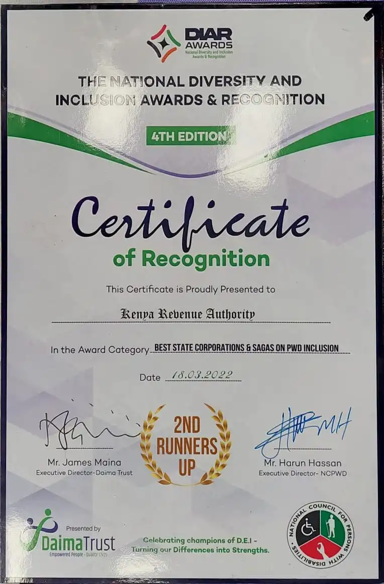 Certificate of recognition from the National Diversity &Inclusion Awards & Recognition in March 2022